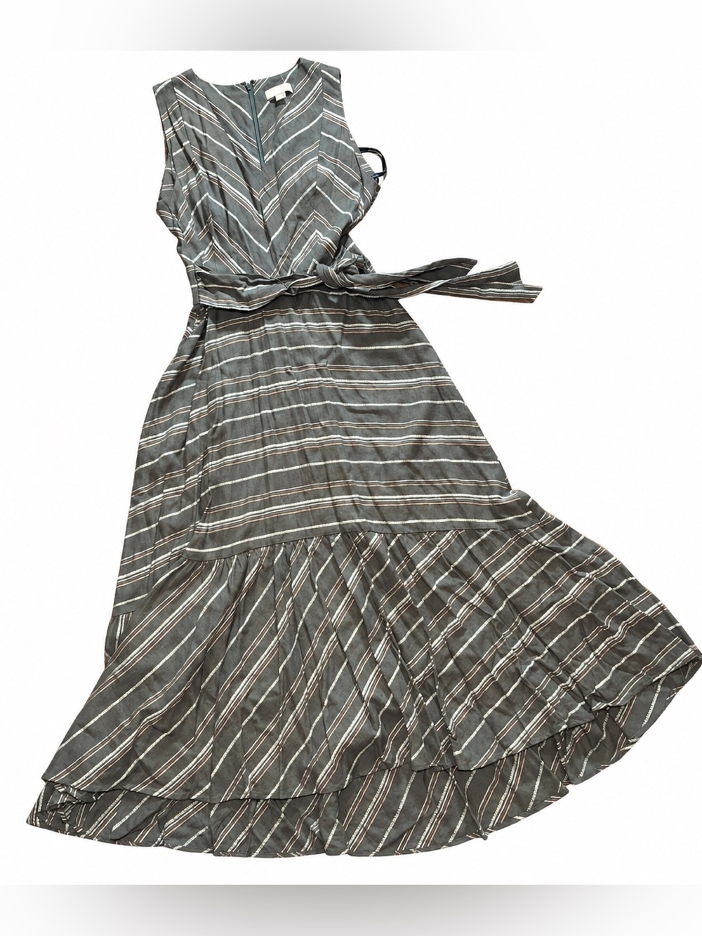 Calvin Klein Linen Cotton Striped Belted Hi-Low Maxi Dress | Size 8